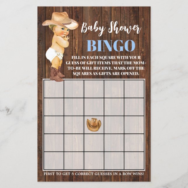 Little Cowboy Blue Baby Shower Bingo Game Card Flygblad (Framsidan)