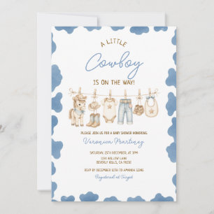 Little Cowboy Blue Baby Shower Klädstreck Inbjudningar