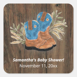 Little Cowboy Bootie Baby Shower Mörk Wood Fyrkantigt Klistermärke