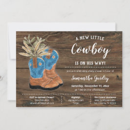 Little Cowboy Bootie Brown Wood Baby Shower Inbjudningar