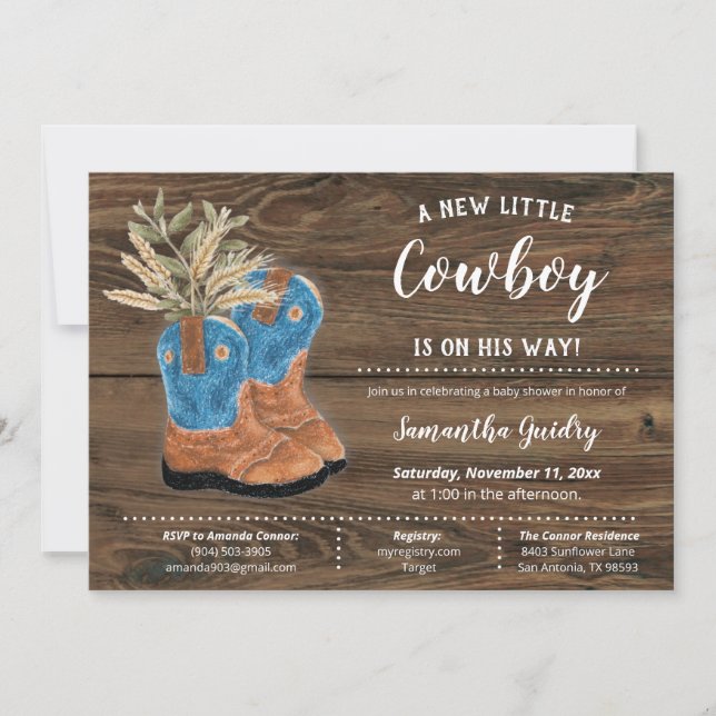 Little Cowboy Bootie Brown Wood Baby Shower Inbjudningar (Framsida)