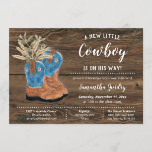 Little Cowboy Bootie Brown Wood Baby Shower Inbjudningar