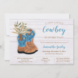 Little Cowboy Bootie White Wood Baby Shower Inbjudningar
