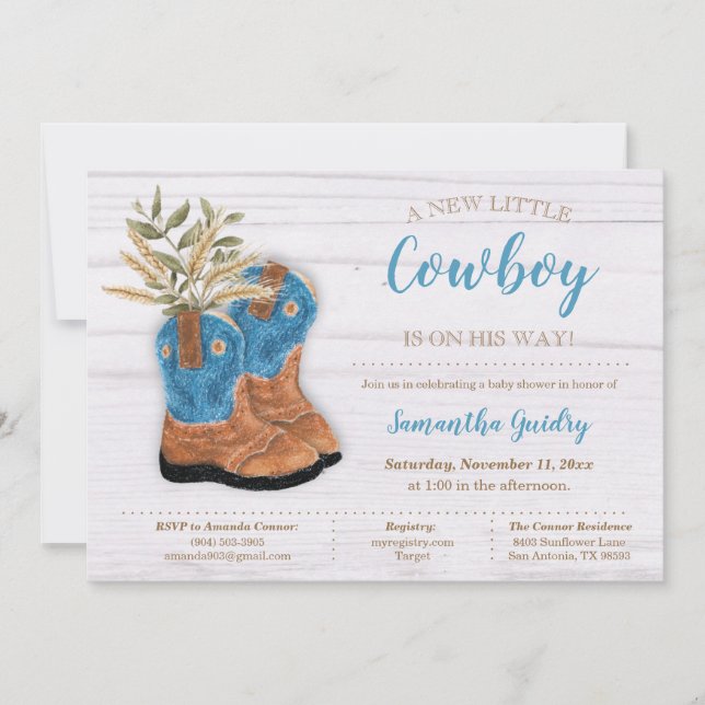 Little Cowboy Bootie White Wood Baby Shower Inbjudningar (Framsida)