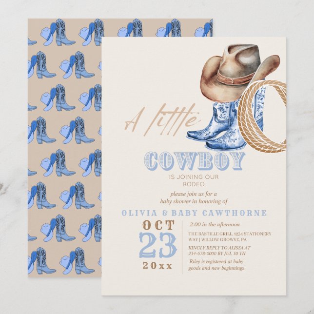 Little Cowboy First Rodeo Baby-dusch Inbjudningar (Fram/baksida)