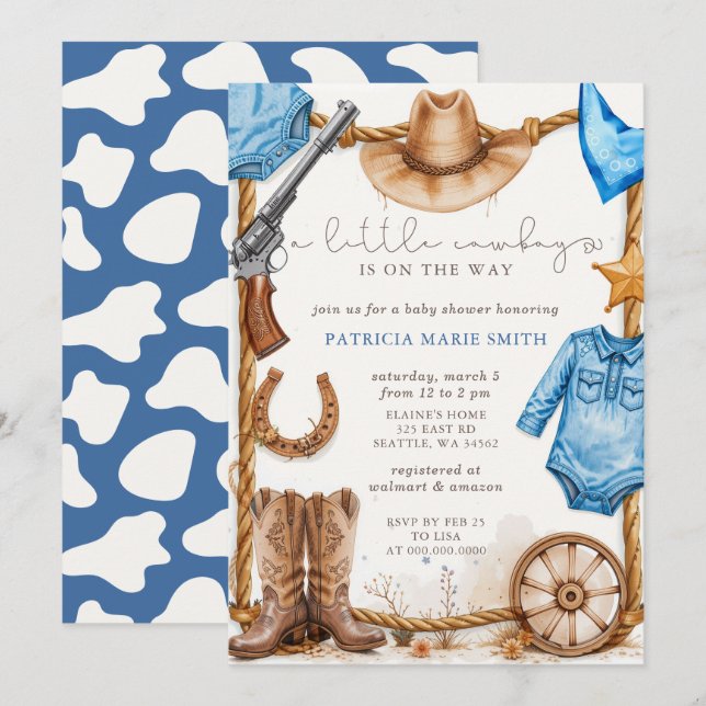 Little Cowboy Is On The Way Boy Baby Shower Inbjudningar (Fram/baksida)