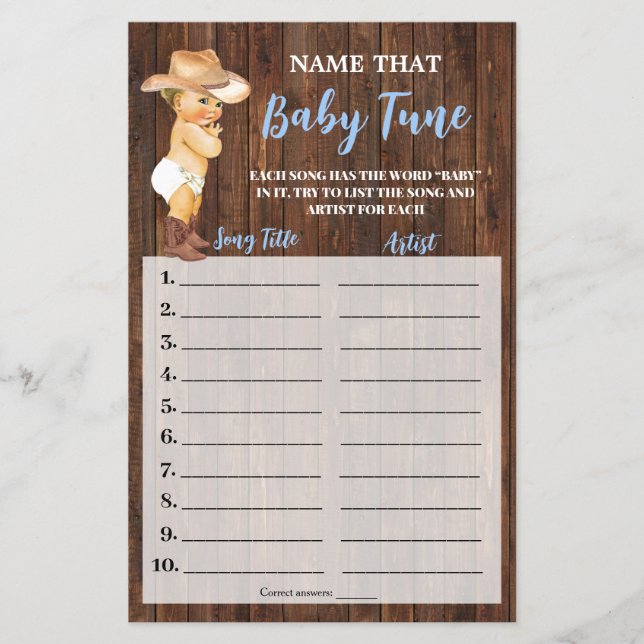 Little Cowboy Namn som Baby Tune Shower Game Card Flygblad (Framsidan)
