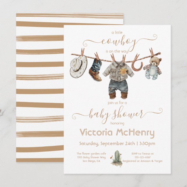 Little Cowboy Pojke Clothesline Baby Shower Inbjudningar (Fram/baksida)