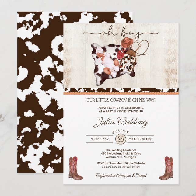 Little Cowboy Rustic Western V2 Boy Shower Inbjudningar (Fram/baksida)