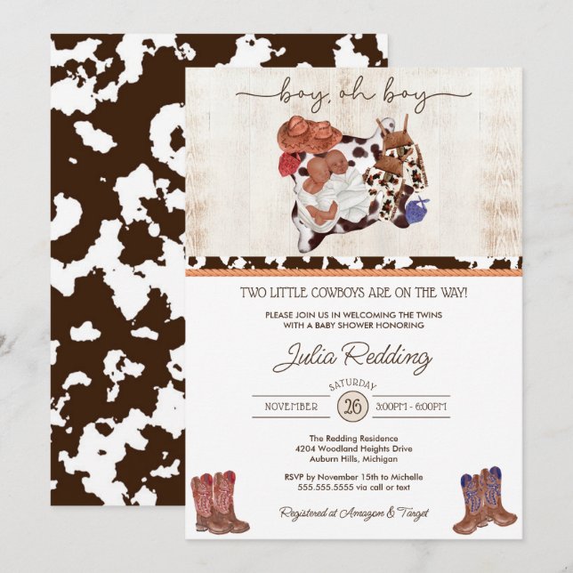 Little Cowboy Twin Boys Western V3 Baby Shower Inbjudningar (Fram/baksida)