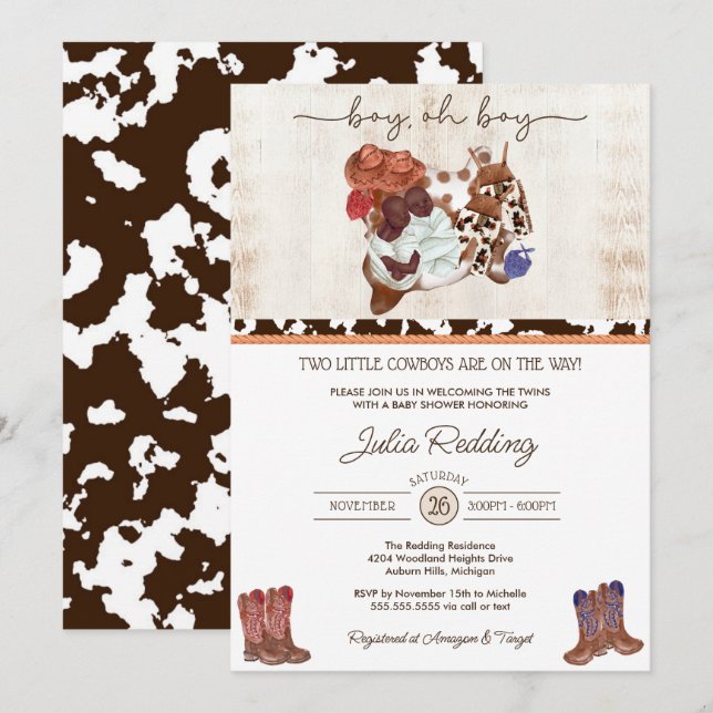Little Cowboy Twin Boys Western V3 Baby Shower Inv Inbjudningar (Fram/baksida)