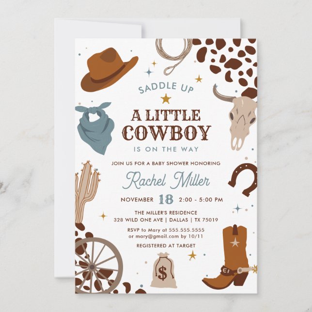 Little Cowboy | Vilda western Boy Baby Shower Inbjudningar (Framsida)