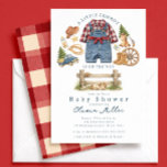Little Cowboy Western Baby Shower Invitation Inbjudningar<br><div class="desc">Celebrate your little cowboy with this charming western baby shower invitation! This adorable design features watercolor cowboy overalls, a red plaid shirt, boots, rope, sheriff badge, wagon wheel, vintage farm truck, and rustic fence details. The warm country aesthetic paired with classic red plaid makes it perfect for western, ranch, cowboy,...</div>
