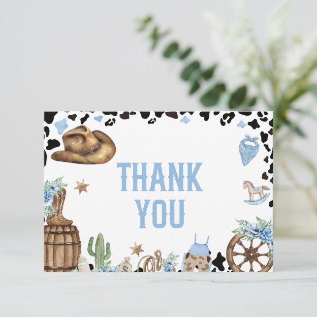 Little Cowboy Western Blue Baby Shower  Tack Kort (Stående Fram)