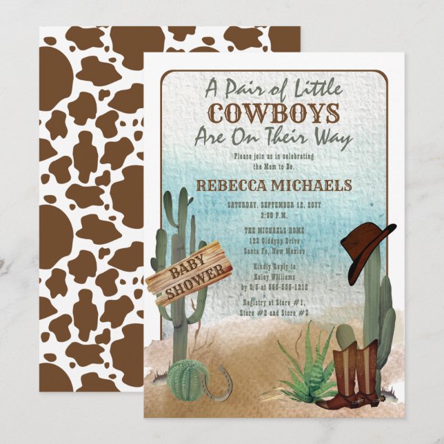 \Little Cowboys Westernare Boy Twillingars Baby Sh Inbjudningar (Fram/baksida)