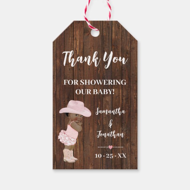 Little Cowgirl AA Baby Shower Faux Wood Favor Presentetikett (Framsidan)