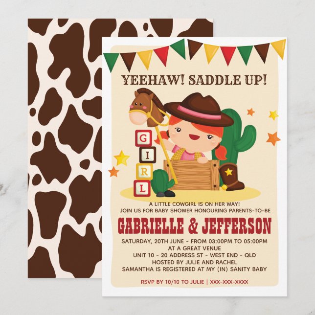 Little Cowgirl Baby Shower-inbjudan Inbjudningar (Fram/baksida)