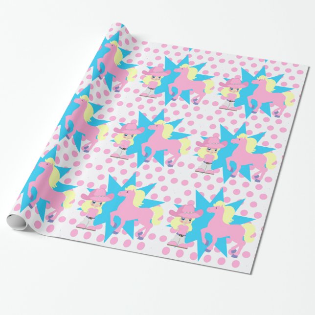 Little Cowgirl Blonde med Rosa Horse Any Occassi Presentpapper (Utrullad)