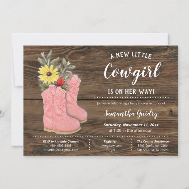 Little Cowgirl Bootie Brown Wood Baby Shower Inbjudningar (Framsida)