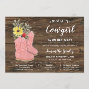 Little Cowgirl Bootie Brown Wood Baby Shower Inbjudningar