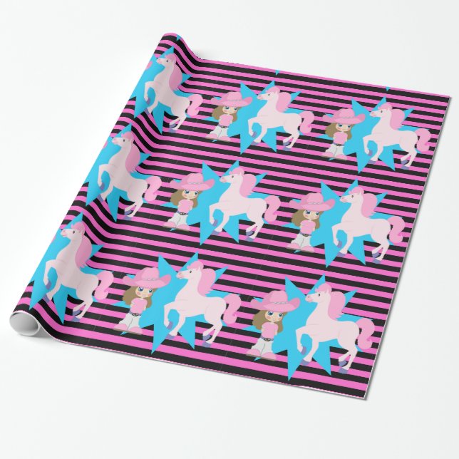 Little Cowgirl Brown Hair med Horse any Occassion Presentpapper (Utrullad)