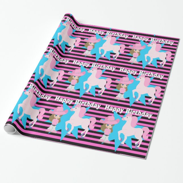 Little Cowgirl Brown Hair med Horse Lycklig Birthd Presentpapper (Utrullad)