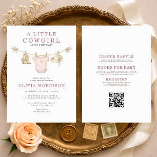 Little Cowgirl Klädlinje QR-kod Baby Shower Inbjudningar
