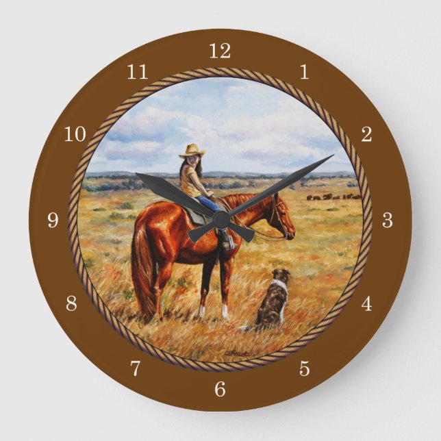 Little Cowgirl on Cattle Horse Brown Stor Klocka (Framsida)