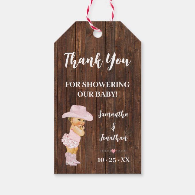 Little Cowgirl Rosa Baby Shower Faux Wood Favor Presentetikett (Framsidan)