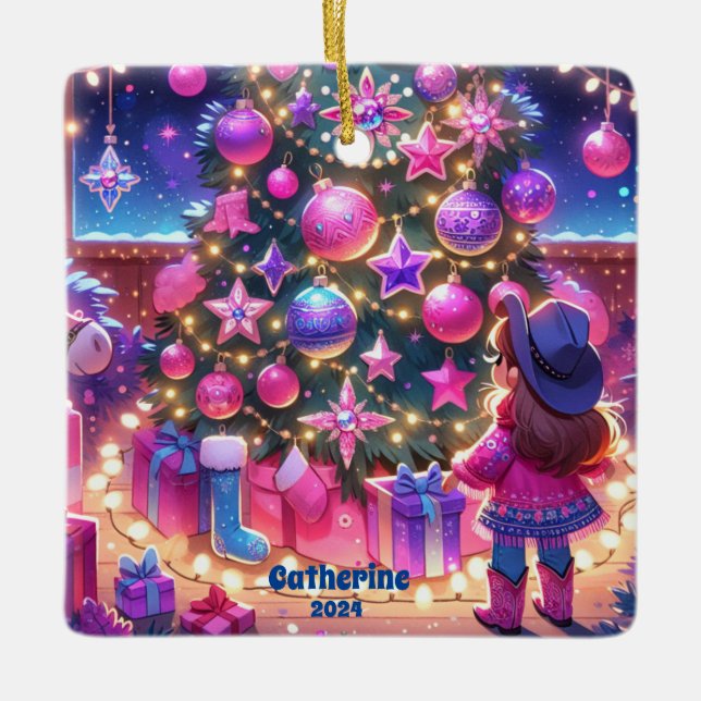 Little Cowgirl står framför Träd Anpassningsbar Julgransprydnad Keramik (Framsida)