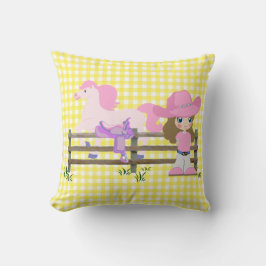 Little Cowgirl with Horse Fence and Saddle Kudde