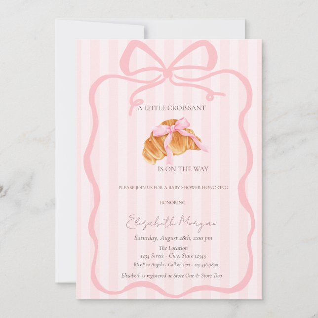 Little Croissant Pink Bow Pink Stripes Baby Shower Inbjudningar (Framsida)