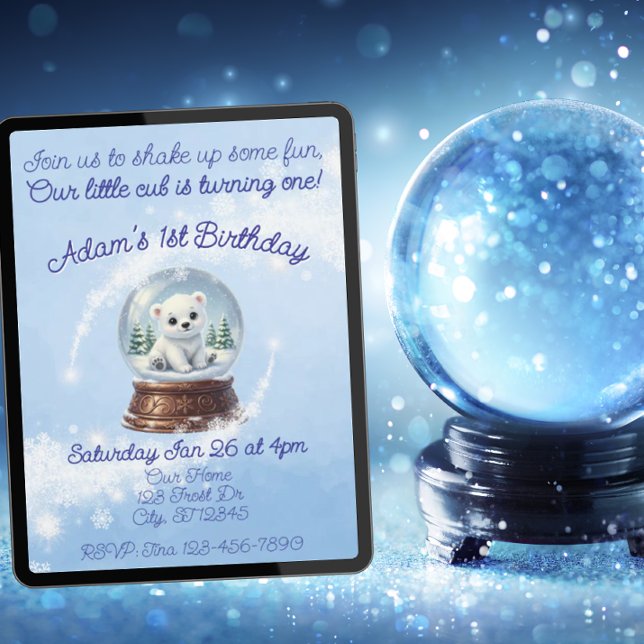 Little Cub One, Polar Bear Snow Globe Birthday Inbjudningar (Skapare uppladdad)