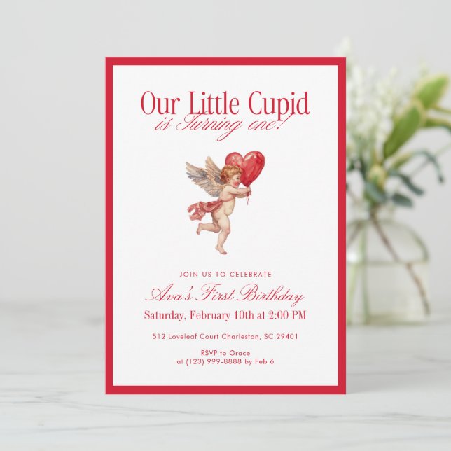 Little Cupid First Birthday Valentine Inbjudningar (Stående Fram)