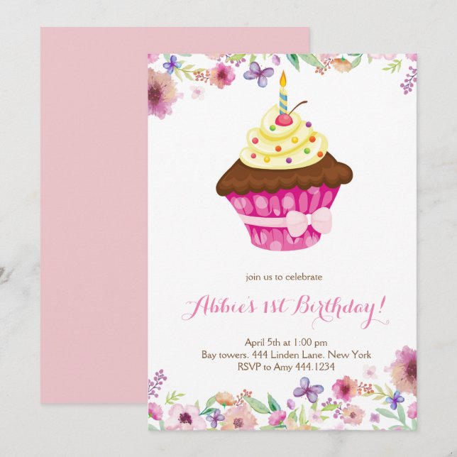 Little Cupkaka First Birthday-inbjudan Inbjudningar (Fram/baksida)