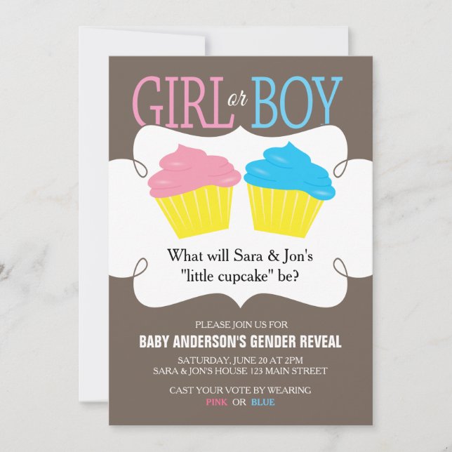 Little Cupkaka Rosa eller Blue Gender Reveal Party Inbjudningar (Framsida)