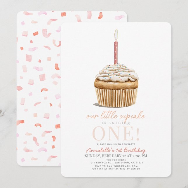 Little Cupkaka Sprinkles Rosa Girl Girl 1 Birthday Inbjudningar (Fram/baksida)
