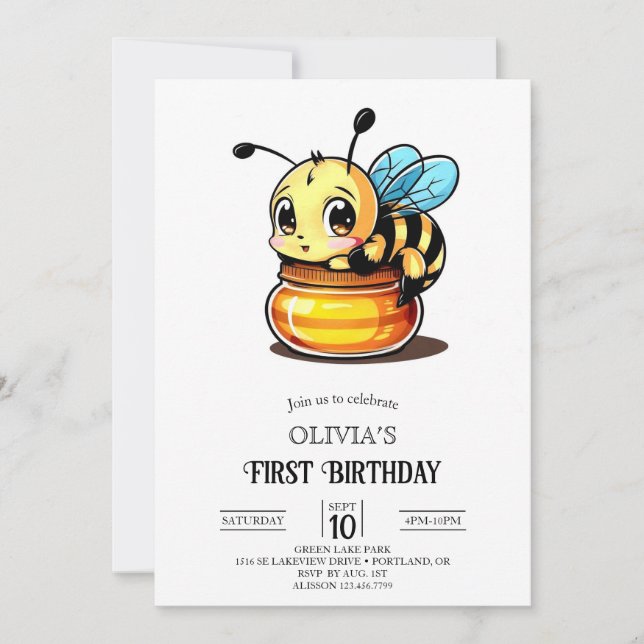 Little Cute Digital Bee 1:a födelsedagen Inbjudningar (Framsida)