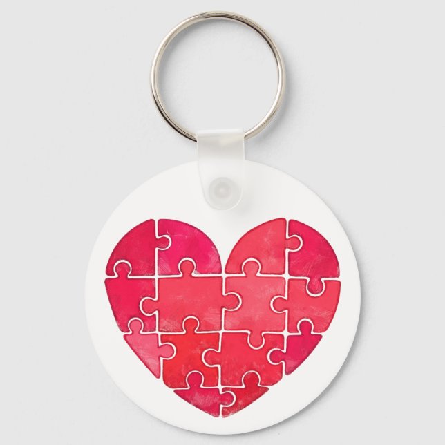 Little cute red puzzle heart watercolor nyckelring (Framsida)