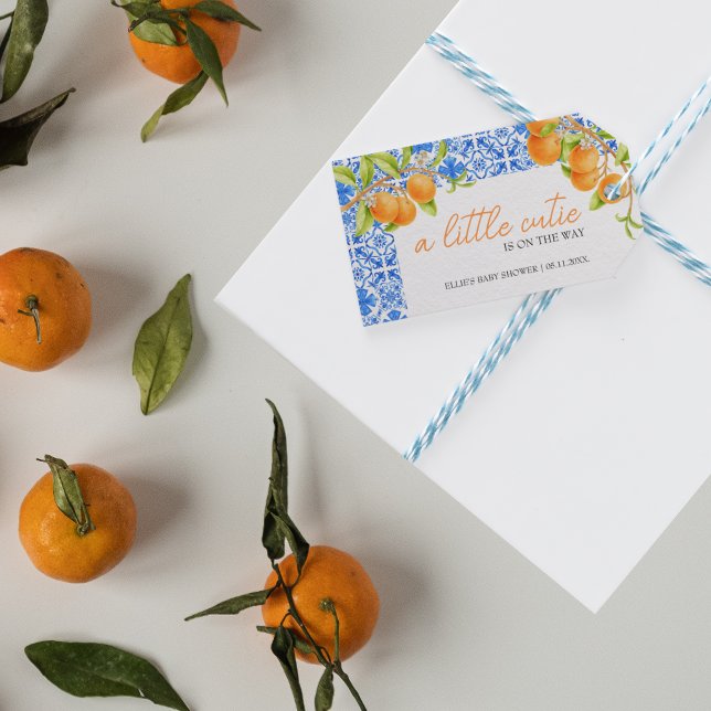 Little Cutie | Aestesiblå plattor och citrusfrukte Presentetikett (Little cutie Baby Shower | Blue and White Tiles Favor Tags)