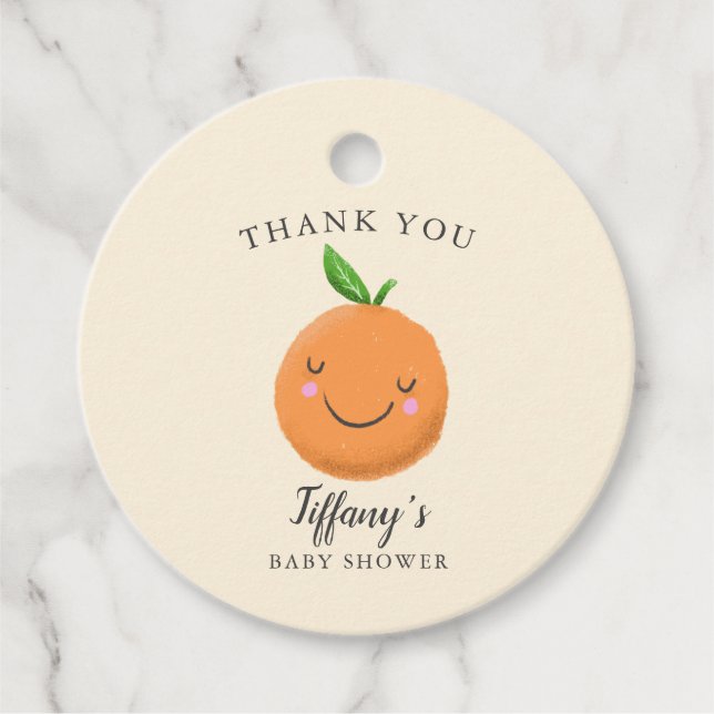Little Cutie Baby Shower Gult Clementine Gåvor Etiketter (Framsida)