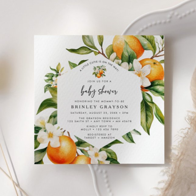 Little Cutie Baby Shower-inbjudan Citrus Orange Inbjudningar (Little Cutie Baby Shower Invitation)