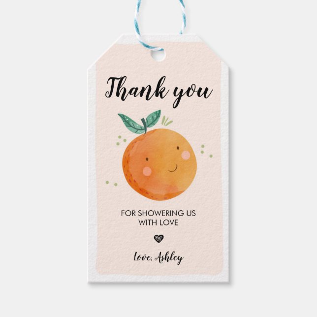 Little Cutie Baby Shower Märkre Orange Clementine Presentetikett (Framsidan)