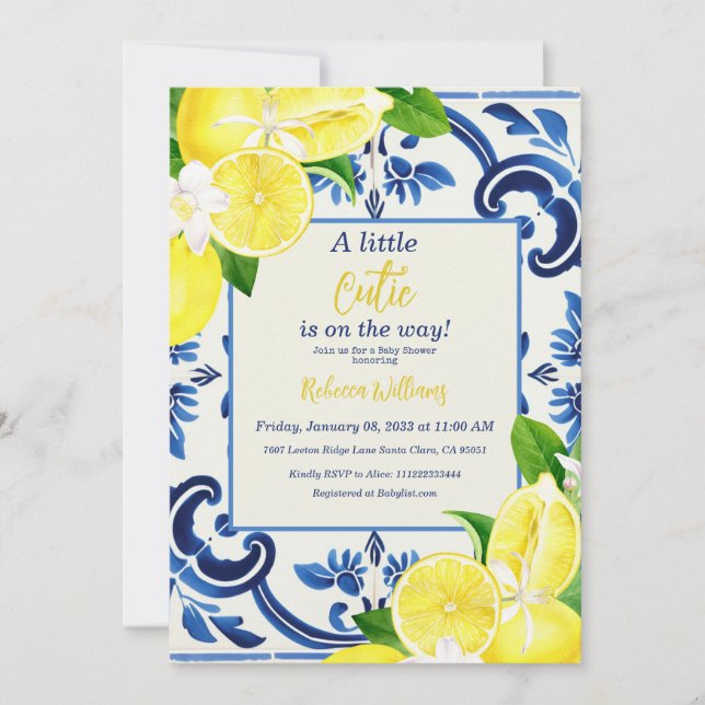 Little Cutie Blue Tile Lemon Fruit Baby Shower Inbjudningar (Framsida)
