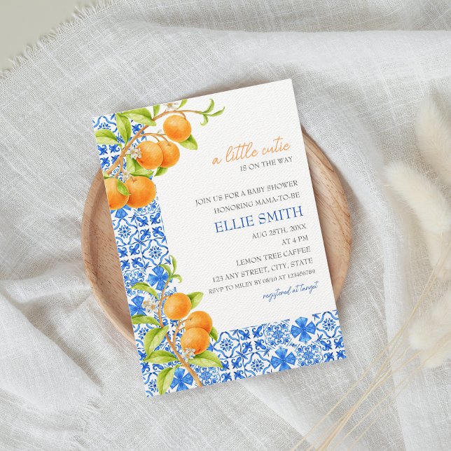 Little Cutie | Citrus Baby Shower för Medelhavet Inbjudningar (Mediterranean tiles and tangerines baby shower invitation)