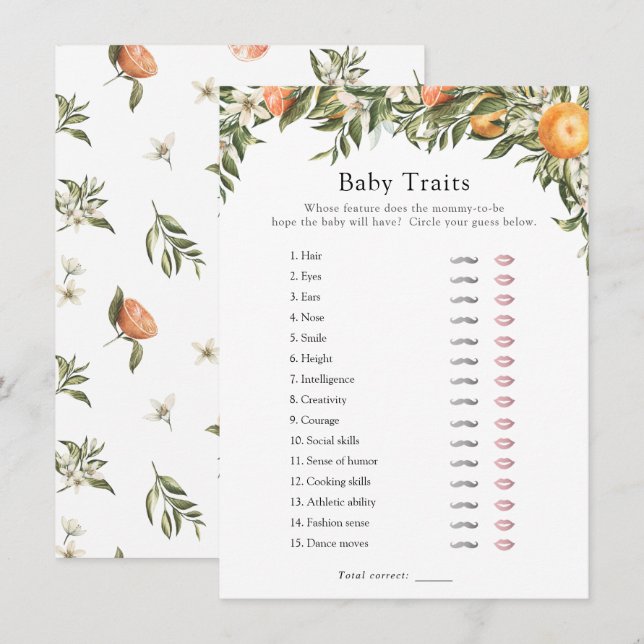 Little Cutie Citrus Baby Traits Shower Game Inbjudningar (Fram/baksida)