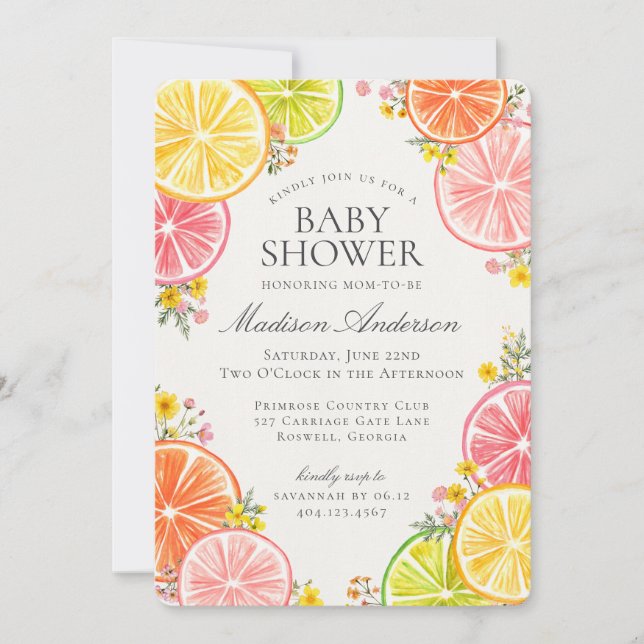 Little Cutie Citrus Blommigt Orange Baby Shower Inbjudningar (Framsida)