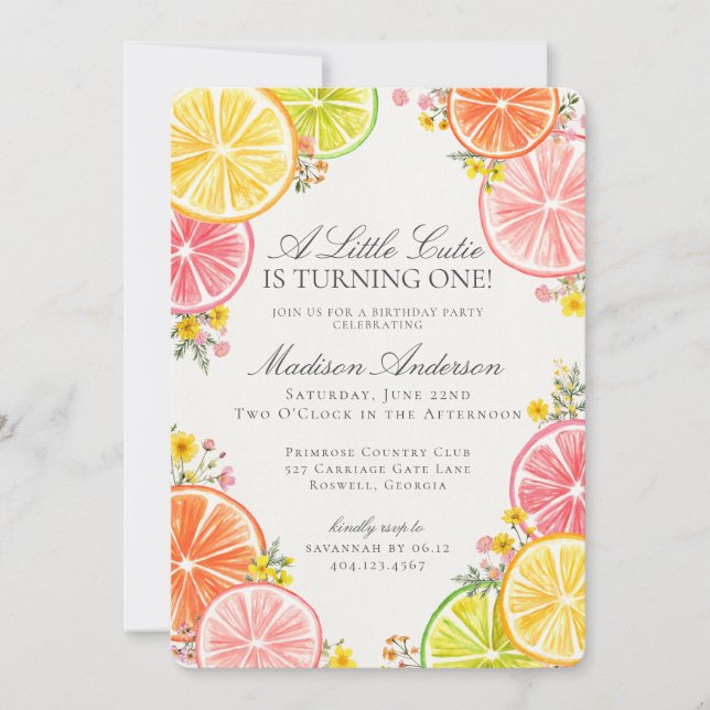 Little Cutie Citrus Blommigt Orange Födelsedagsfes Inbjudningar (Framsida)