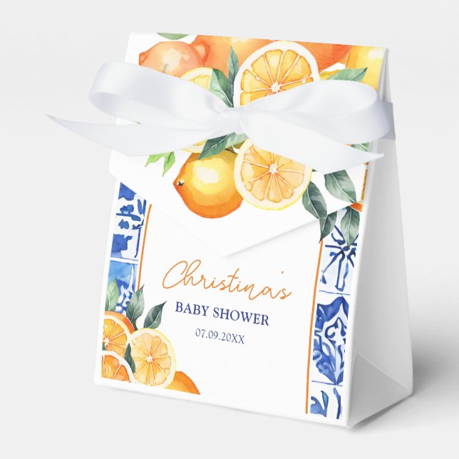 Little Cutie Citrus Blue Tiles Baby Shower Presentaskar (Framsidan Sidan)
