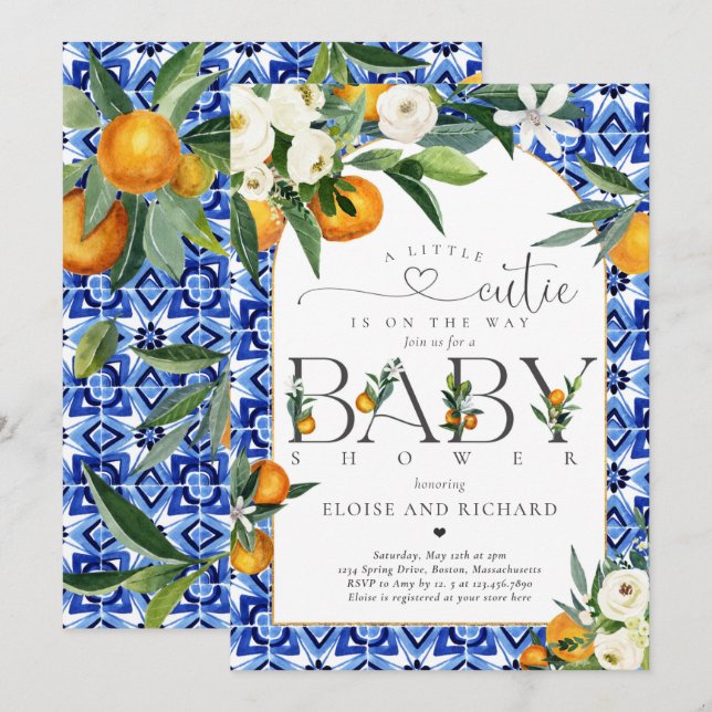 Little Cutie Citrus Botanical Orange Baby Shower Inbjudningar (Fram/baksida)